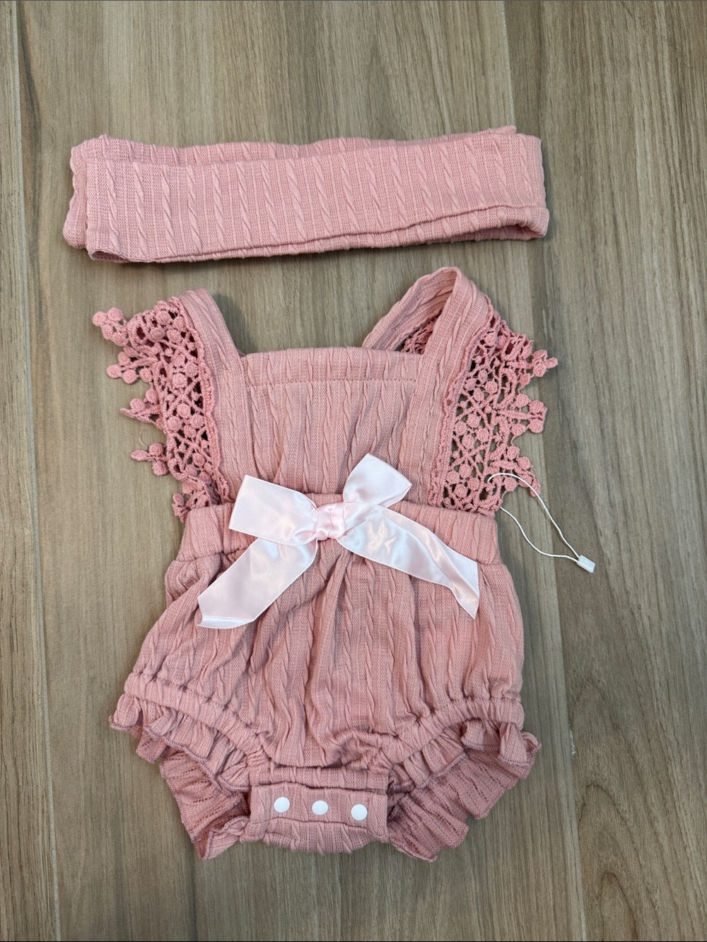 Boutique Blush Pink Lace-Trim Baby Romper with Wrap Headband